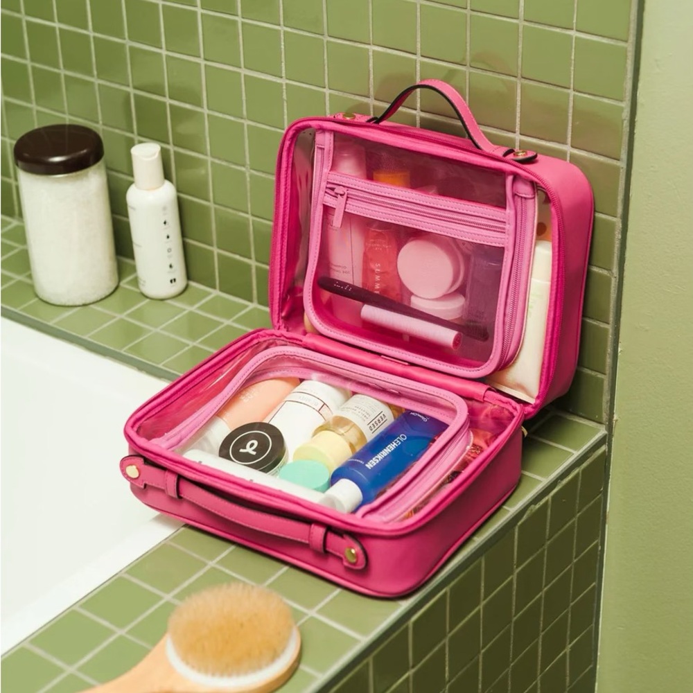 Calpak Large Clear/Dragonfruit Cosmetics / Makeup Case NWT